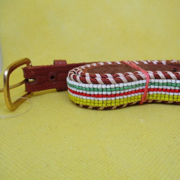 Seed Bead Tan Embossed Genuine Leather Belt Gold Tone Buckle Southwestern Beaded - Picture 1 of 6